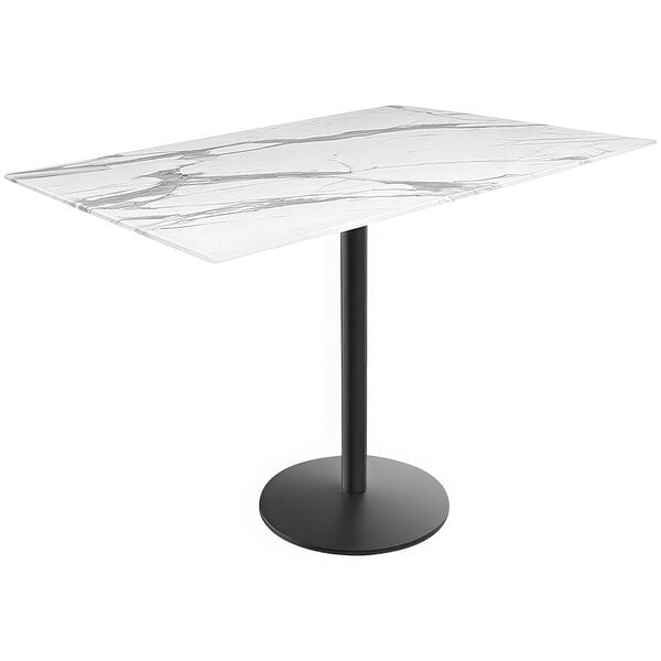 A white marble Holland Bar Stool EuroSlim bar height table with a black round base.