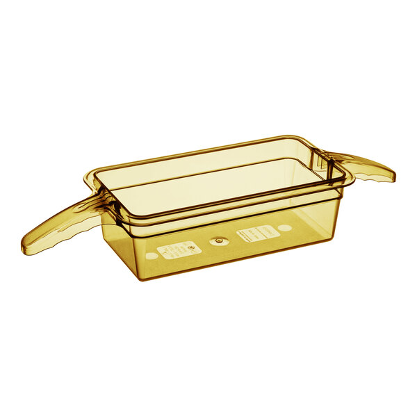A yellow plastic Cambro food pan with double handles.
