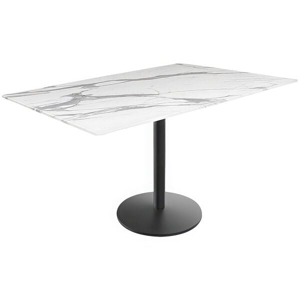 A white marble Holland Bar Stool table with a black round base.