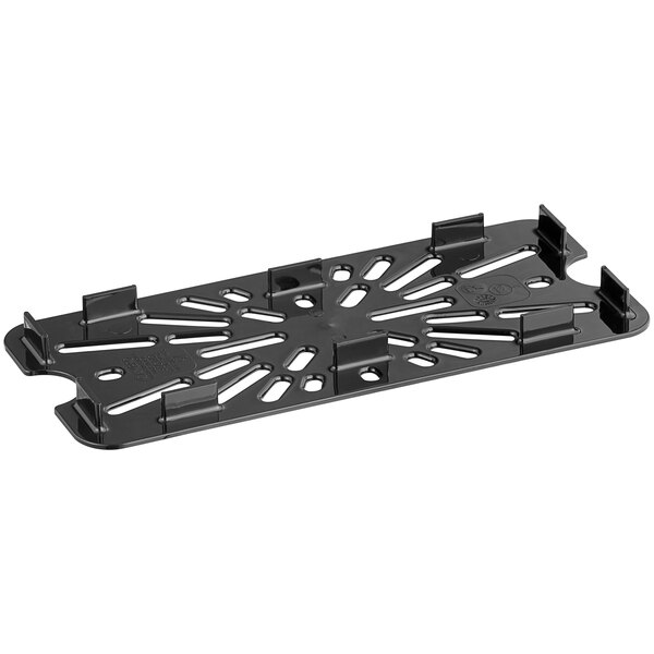 A black plastic tray with holes.