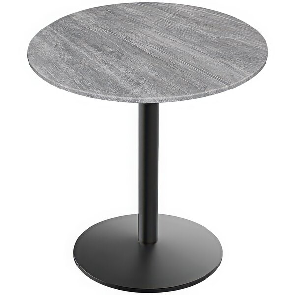 A Holland Bar Stool EuroSlim round table with a greystone top and black base.