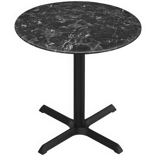 A Holland Bar Stool EuroSlim black marble table with cross base.