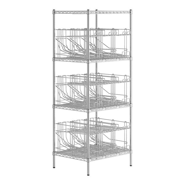 A metal rack with several shelves and can racks on it.