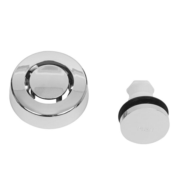 A shiny, chrome-colored circular drain cover and a matching push-style stopper with a rubber gasket, both placed on a white background.