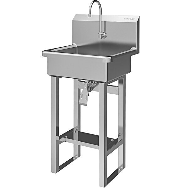 A large stainless steel floor mounted Sani-Lav utility sink with a single knee-operated faucet.
