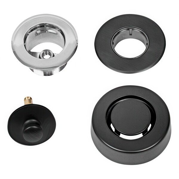 An oil rubbed bronze and chrome Dearborn Uni-Lift stopper trim kit with a black and silver circular object.