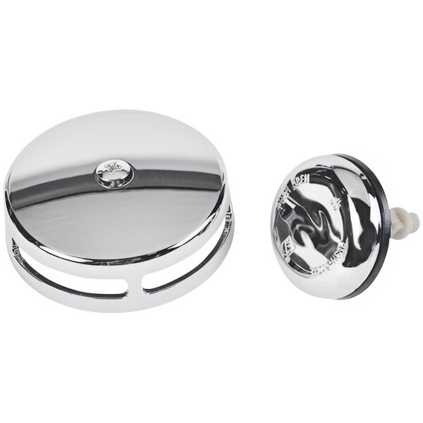 A silver round Dearborn touch toe stopper with chrome buttons and a metal ring.