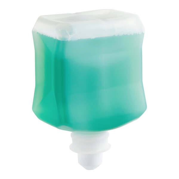 A close-up of a white and green SC Johnson Professional Refresh Antibacterial Foaming Hand Soap Refill bottle with blue liquid.