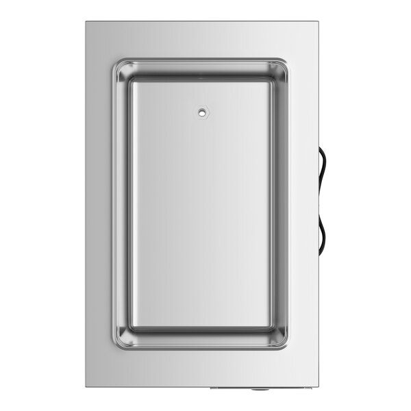 A rectangular stainless steel drop-in hot food well with a black cord.