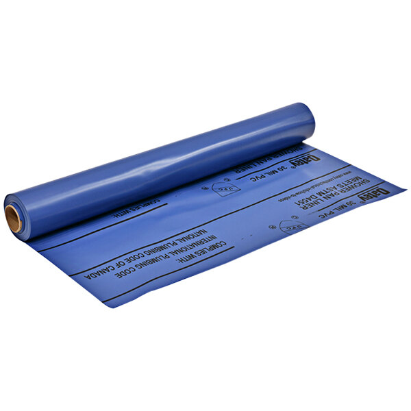 A blue plastic roll of Oatey shower pan liner material with blue writing.