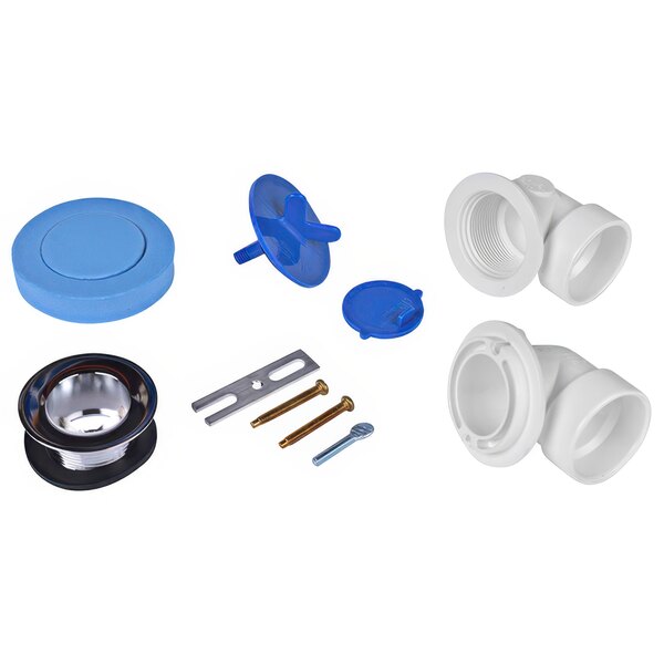 A group of white PVC plumbing parts with a blue plastic fitting.