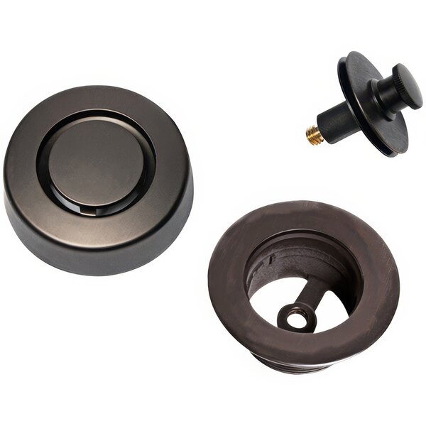 An oil rubbed bronze circular push n' pull stopper with a black screw.