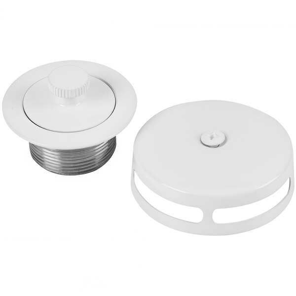 A white plastic cap with a white plastic spool and a silver metal cover with a white round stopper.