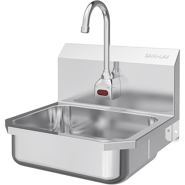 A stainless steel Sani-Lav wall-mounted utility sink with a battery-powered sensor faucet.