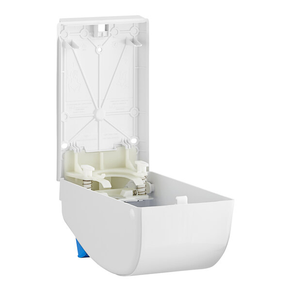 A white plastic SC Johnson Professional Cleanse foaming hand soap dispenser with a blue lid and a blue label.