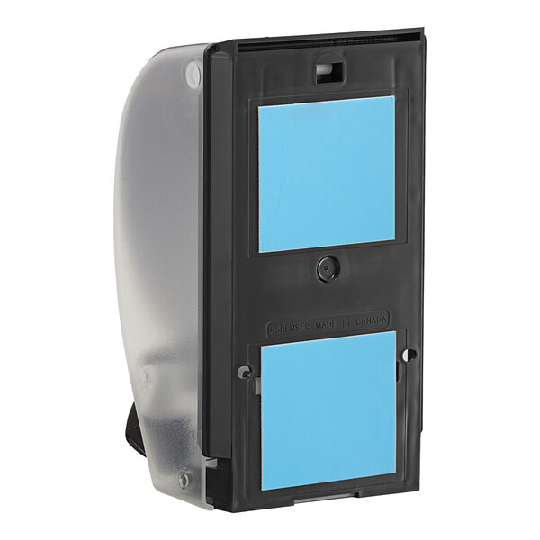 A black and clear SC Johnson Professional QuickView 1 liter soap dispenser with blue labels.