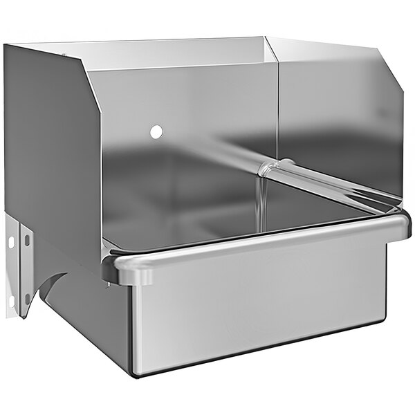 A Sani-Lav stainless steel wall mounted hand sink with side splashes and a single faucet hole.
