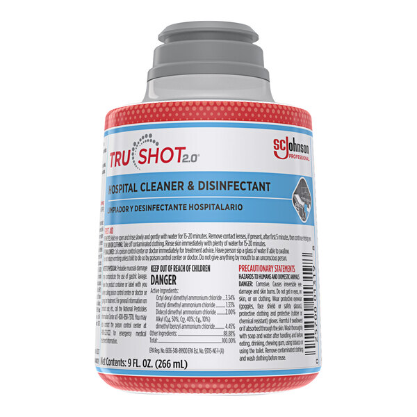 A white and red SC Johnson Professional TruShot 2.0 Hospital Cleaner and Disinfectant cartridge.