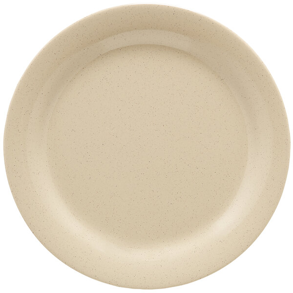 A close-up of a GET Tahoe Sandstone plate with a beige finish.