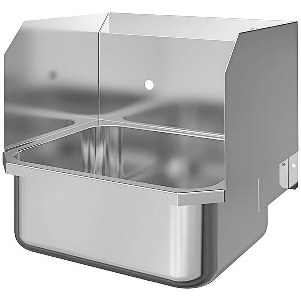 A stainless steel Sani-Lav wall mounted hand sink with side splashes and 8" centers.