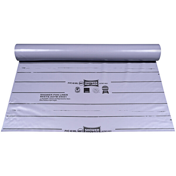 A roll of gray PVC shower pan liner material.
