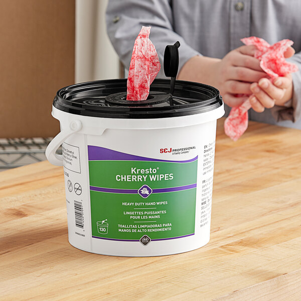 A white bucket of SC Johnson Professional Kresto Cherry Heavy-Duty Hand Cleaning Wipes.