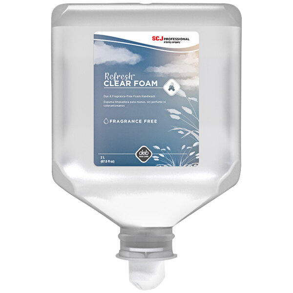 A close-up of a clear bottle of SC Johnson Professional Refresh foaming hand soap.