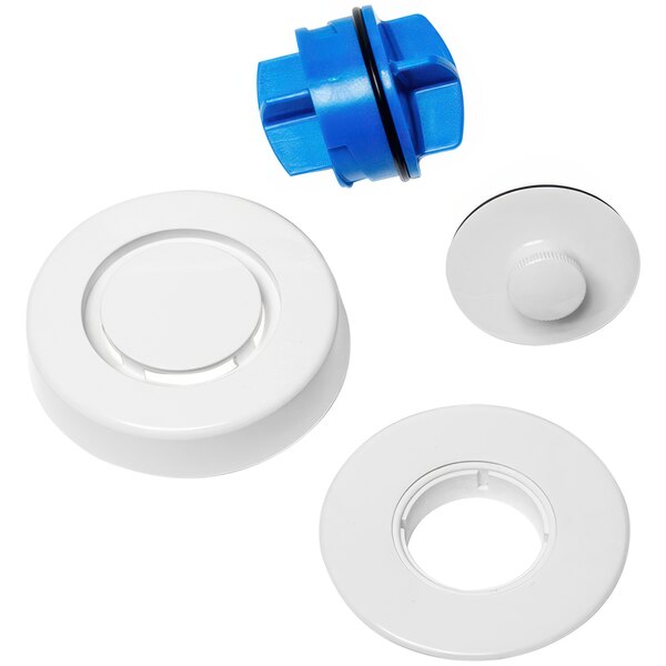 A white plastic circular object with a blue and white plastic plug with a circle in the middle