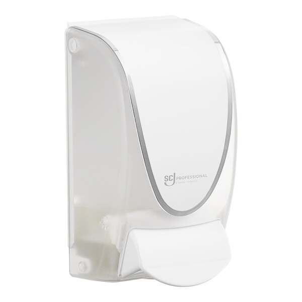 A SC Johnson Professional transparent white plastic soap dispenser with a silver border.