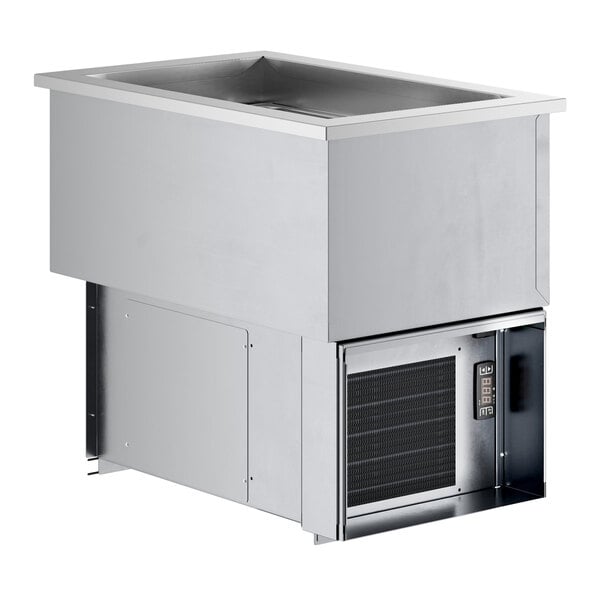 A ServIt drop-in refrigerated cold food well with a stainless steel lid on a counter.