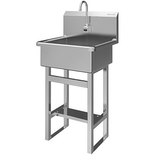 A stainless steel floor-mounted Sani-Lav utility sink with a battery-powered sensor faucet.