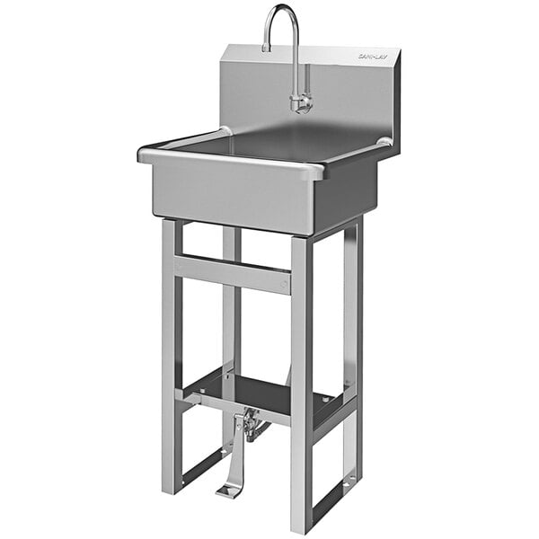 A Sani-Lav stainless steel floor mounted utility sink with a foot-operated faucet.