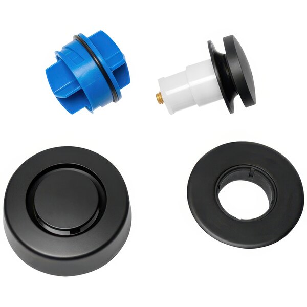 A group of black and blue Dearborn Dblue K97MB plastic parts including a black circular touch toe stopper with a hole.