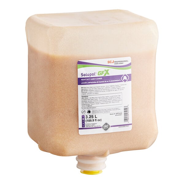 A plastic container of SC Johnson Professional Solopol Heavy-Duty Foaming Hand Soap with Grit and a white label.