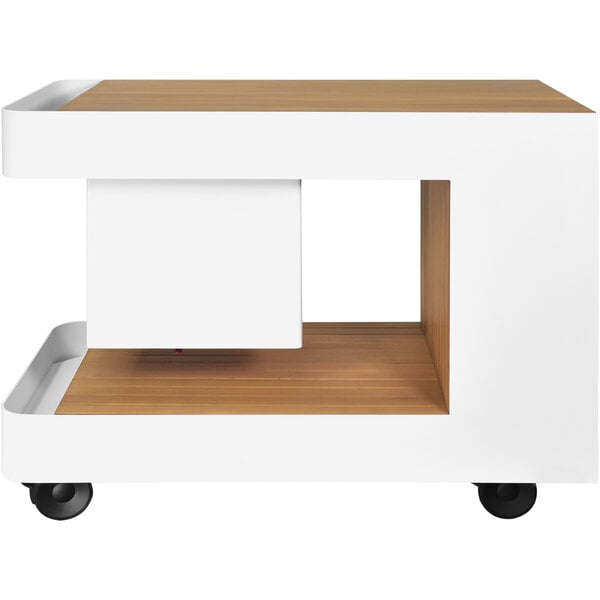 A white and brown rectangular Astella mobile bar with black wheels.