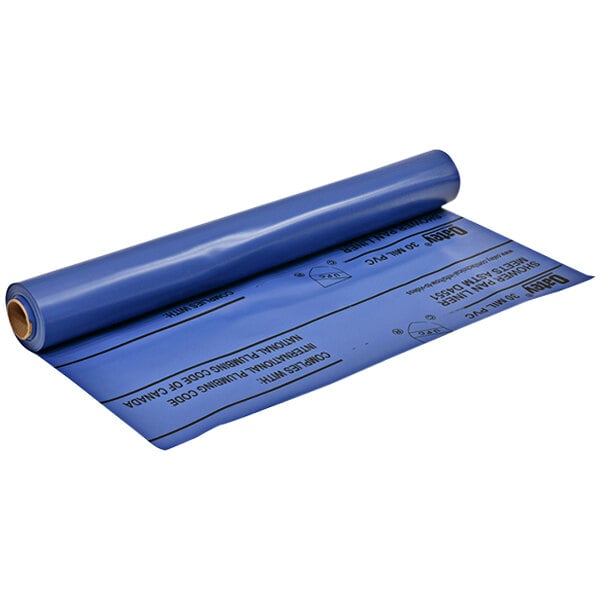 A blue plastic roll of Oatey shower pan liner with blue writing on it.