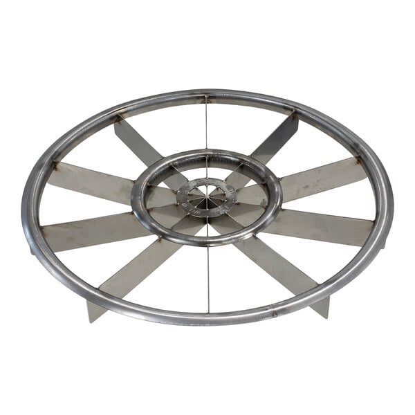 A LloydPans stainless steel circular pizza rocker knife with many blades.