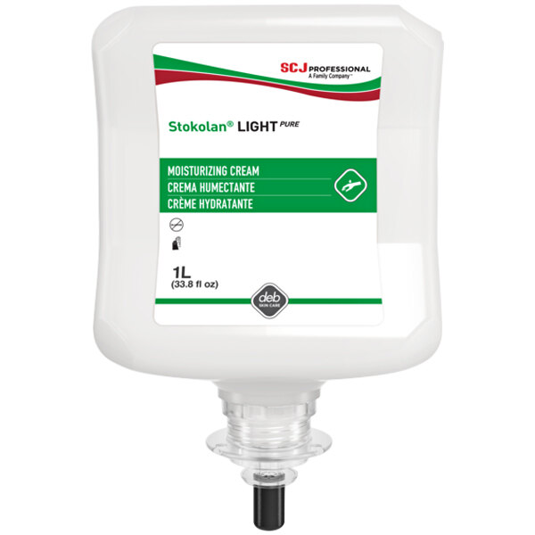 A white container of SC Johnson Professional Stokolan Light PURE RES1L skin conditioning cream with a green and red label.