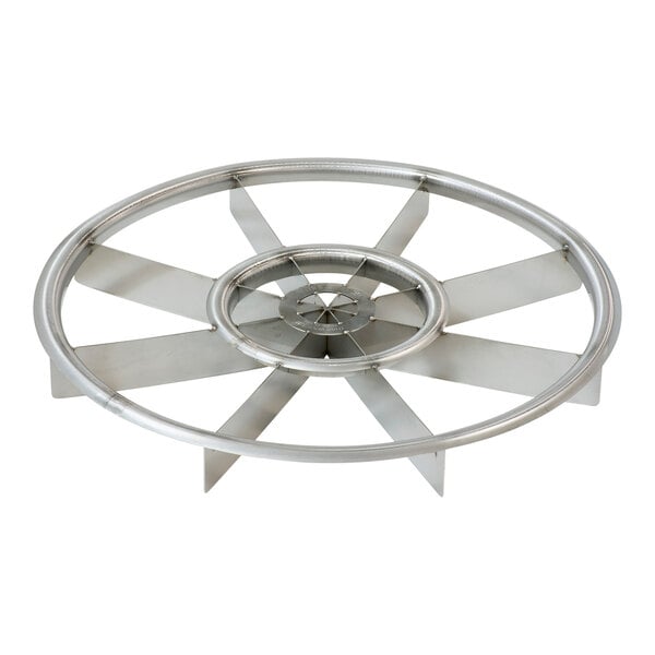 A stainless steel circular metal wheel with blades.