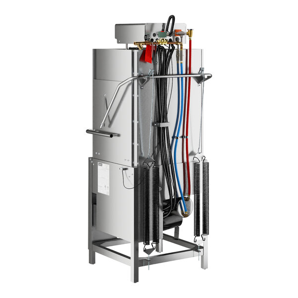 A Jackson TempStar door type dishwasher with many hoses and wires.