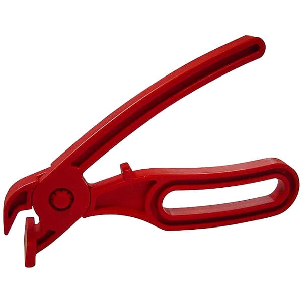 A red plastic LloydPans pizza pan gripper.