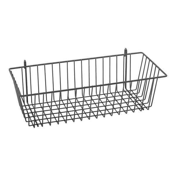A black wire storage basket designed for wire shelving, measuring 17 3/8 inches by 7 1/2 inches by 5 inches.