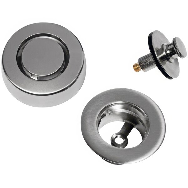 A brushed nickel metal knob and button with a hole in it.