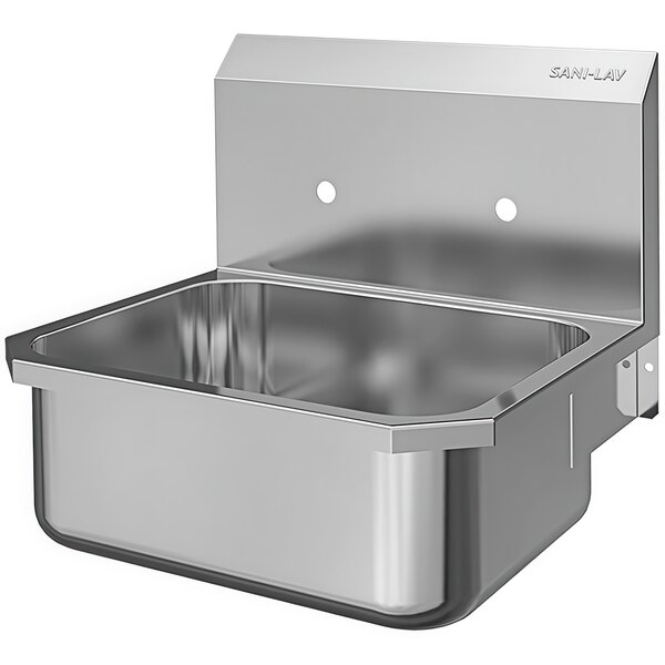 A Sani-Lav stainless steel wall mounted hand sink with a drain.
