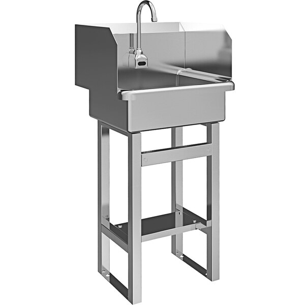 A Sani-Lav floor mounted stainless steel utility sink with a battery-powered sensor faucet.