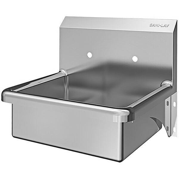 A Sani-Lav stainless steel wall mounted hand sink with holes.