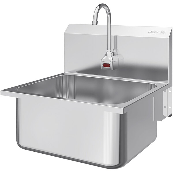 A Sani-Lav stainless steel wall-mounted sink with a faucet.