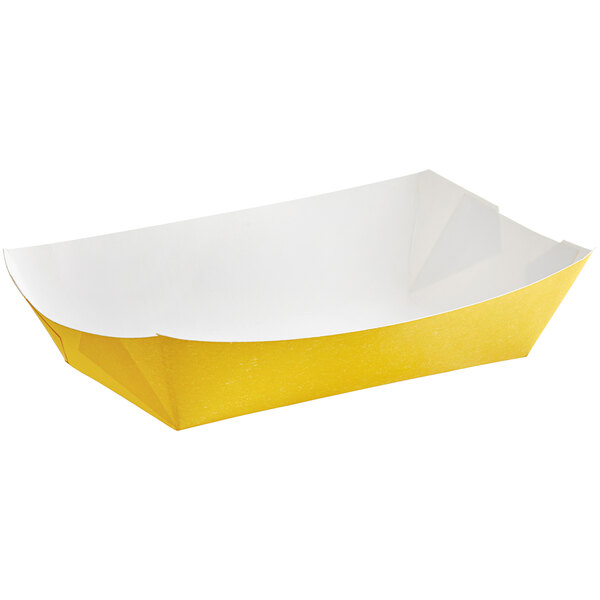 A yellow paper food tray with a white background.