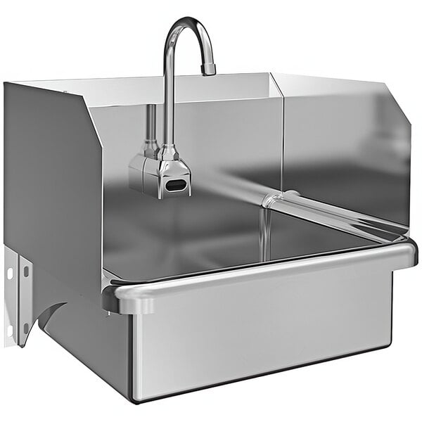 A Sani-Lav stainless steel wall-mounted utility sink with a battery-powered sensor faucet.