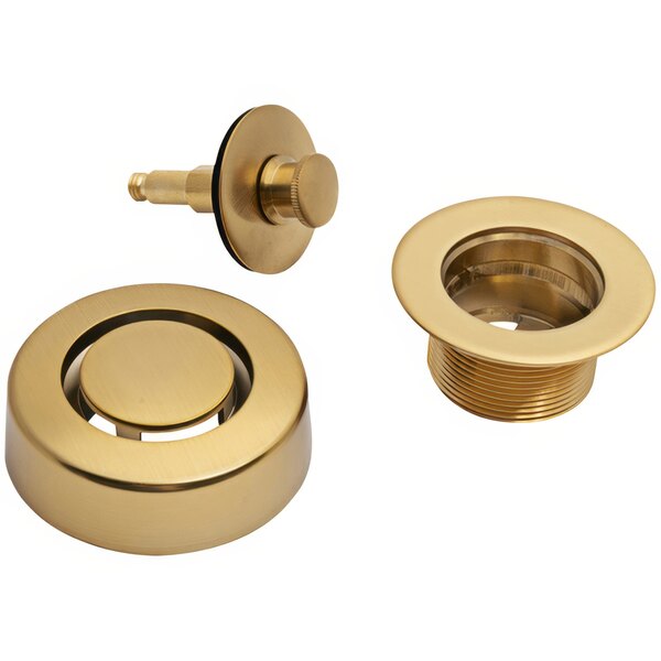 The Dearborn Dblue K99BGPS Trim Kit with Brushed Gold Push n' Pull Stopper, a brushed gold circular metal object with a hole in the center.